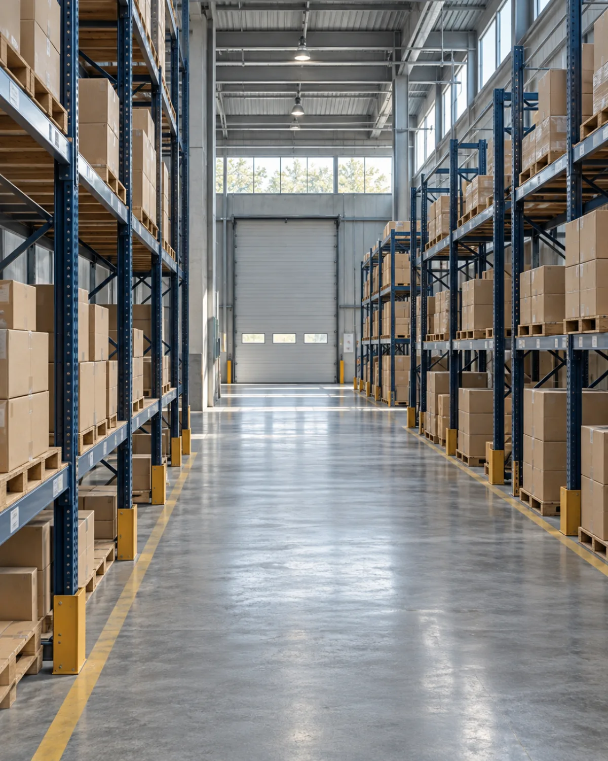 Orderly warehouse aisle with storage racks and clean concrete floors
