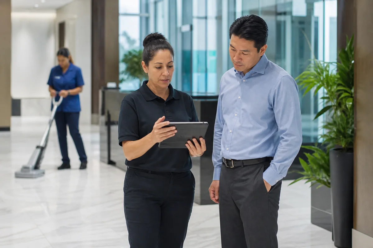 Commercial cleaning supervisor reviewing a digital quality inspection with the facility manager during the first 30 days