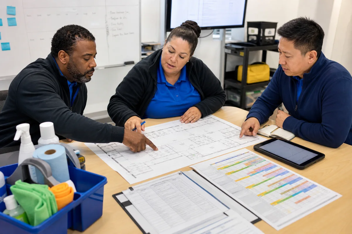 Commercial cleaning operations team mapping staffing, scheduling, supplies, and equipment for a facility transition