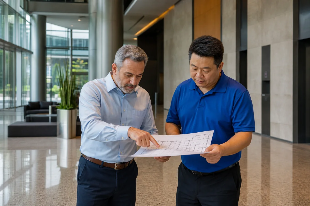 Facility manager and commercial cleaning operations supervisor reviewing a floor plan during an onsite walkthrough
