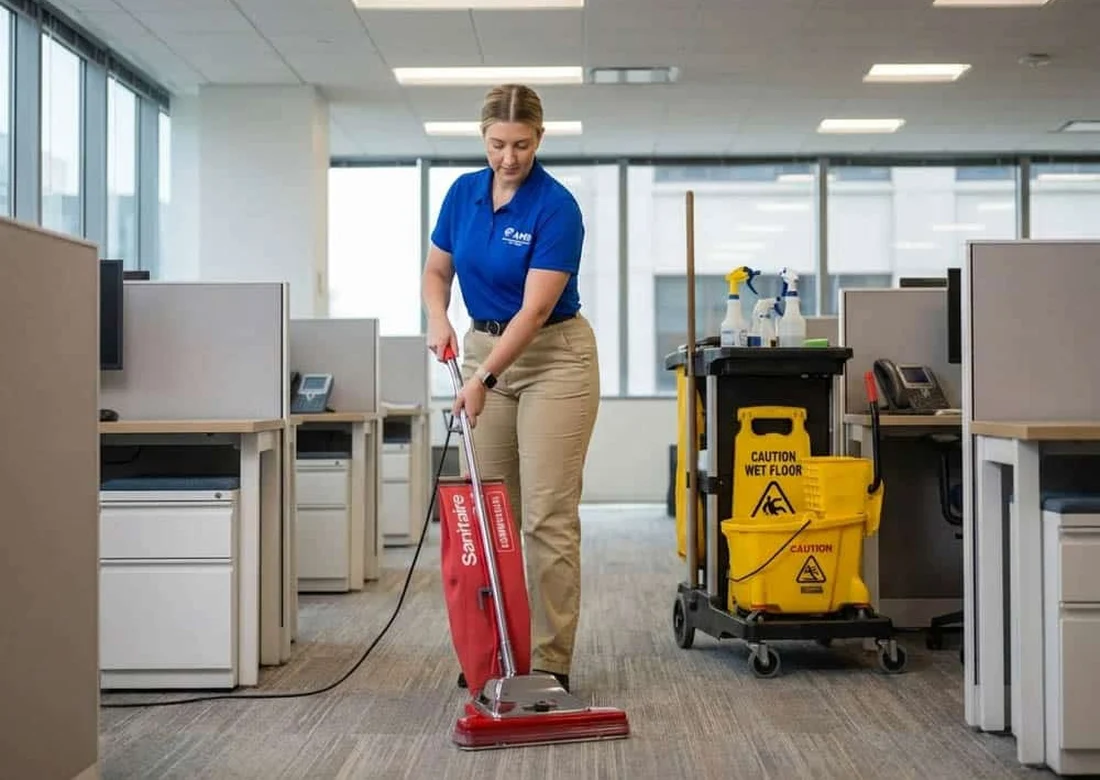 Supervised cleaning team executing documented sanitation tasks in a commercial facility